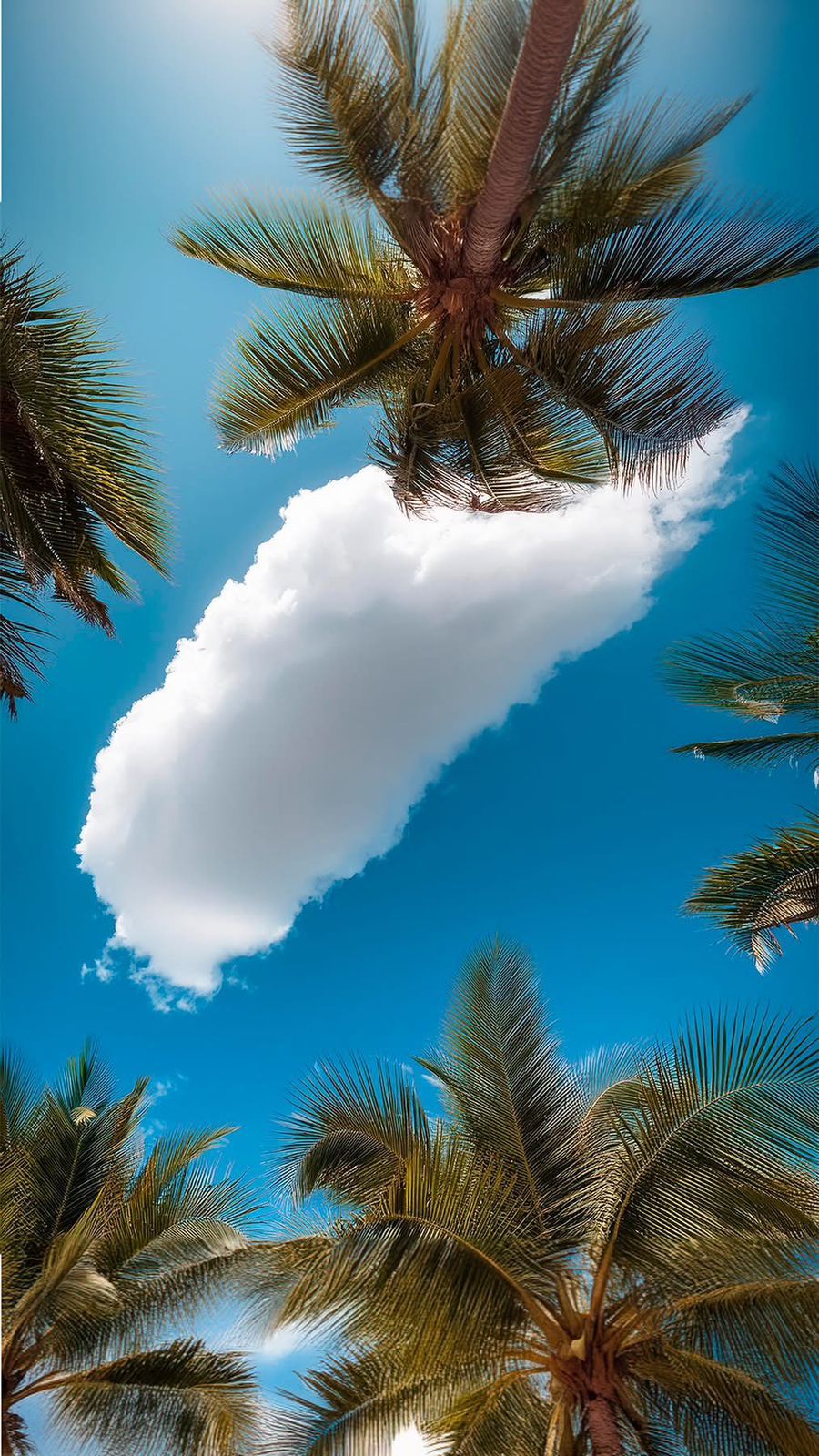 Vista hacia arriba de palmeras y cielo azul con nubes